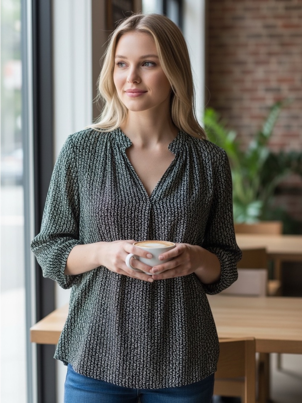 Gap Factory XS black/white pattern v‎ neck 3/4 length sleeves career blouse